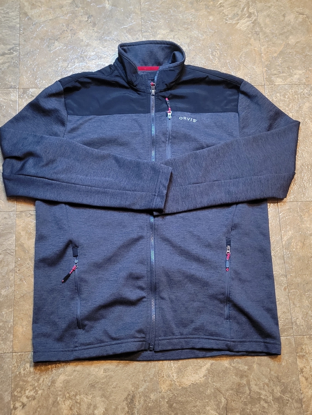 Orvis Bonded Mesh Full Zip Jacket Mens Medium M Gray Long Sleeve Pockets Fleece